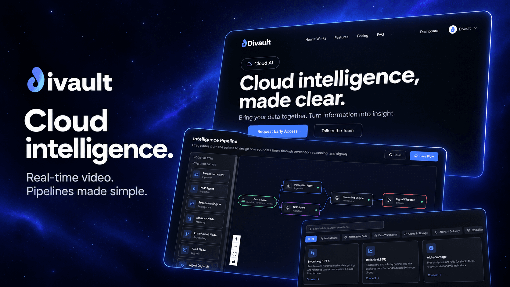 Divault cloud intelligence preview with real-time video, intelligence pipelines, and connected data sources