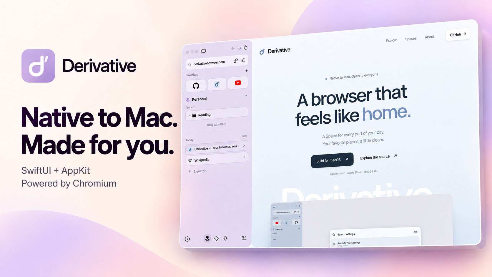 Derivative browser preview: Native to Mac. Made for you.